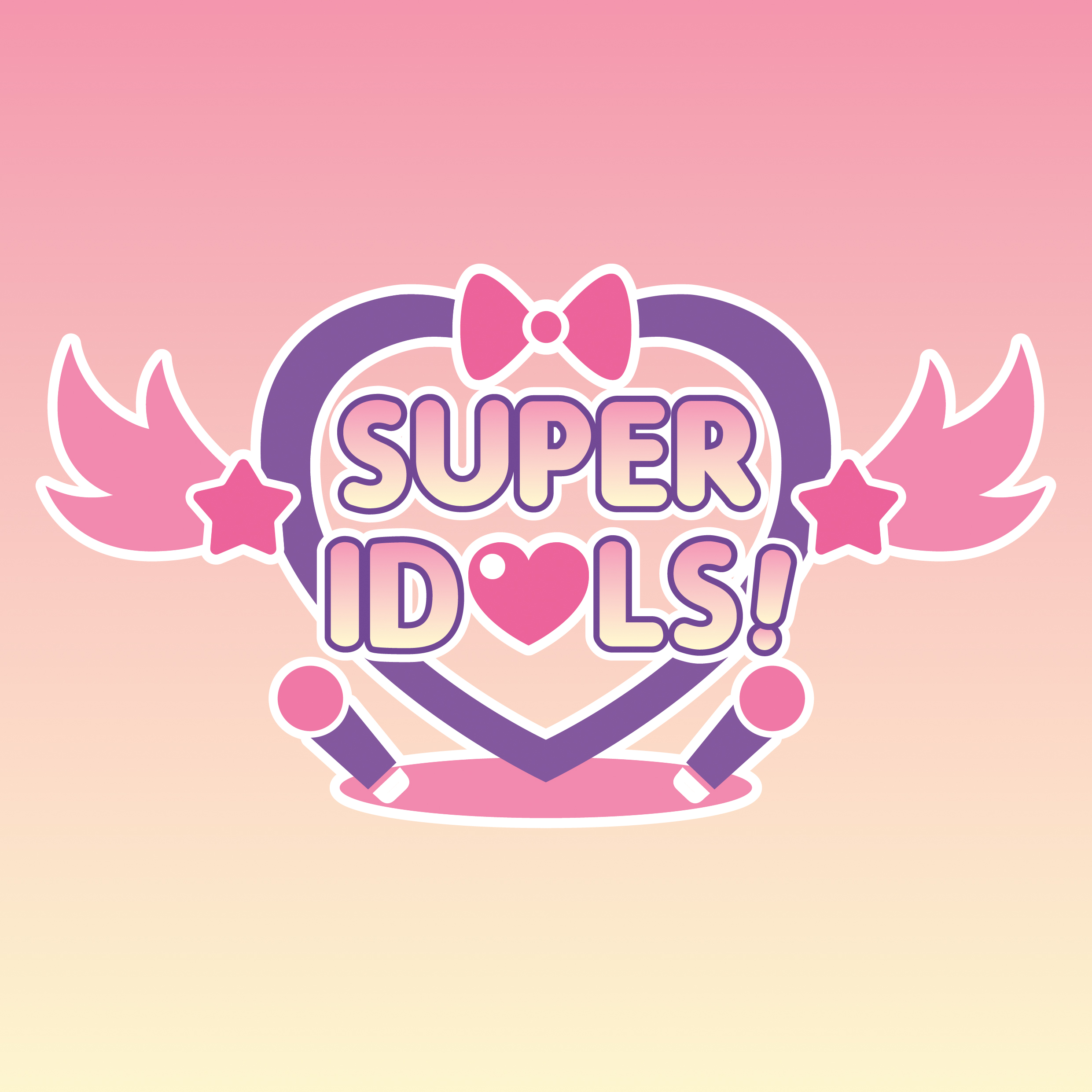 Logo with the text "SuperIdols!" in all caps with a heart where the "O" would be. The text is bordered by a decorative purple heart with pink star wings and a small pink bow on top. Underneath the heart is a small pink platform and two pink and purple microphones pointing out in opposite directions (same angle as the bottom edges of the heart).